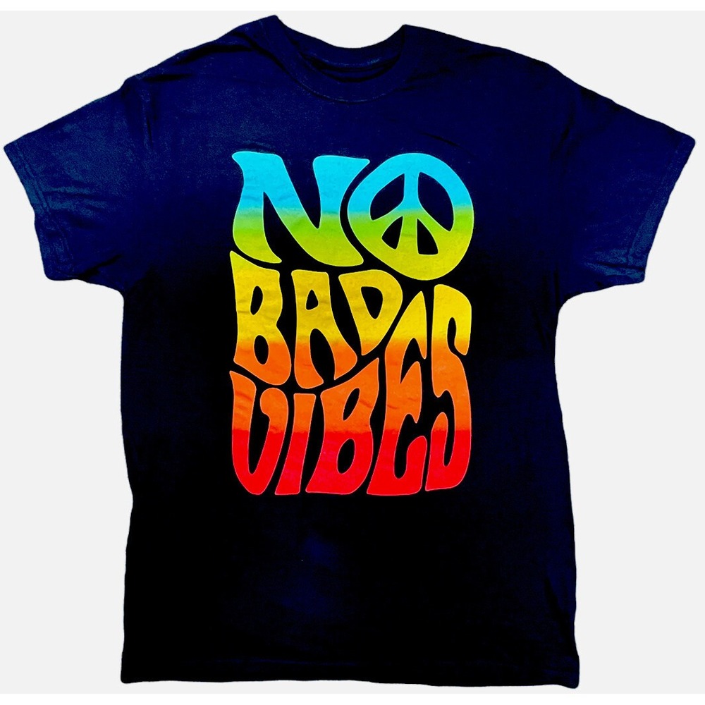 No Bad Vibes Peace Hippie 70s Vibe Navy Blue Unisex T Shirt Mens Size M